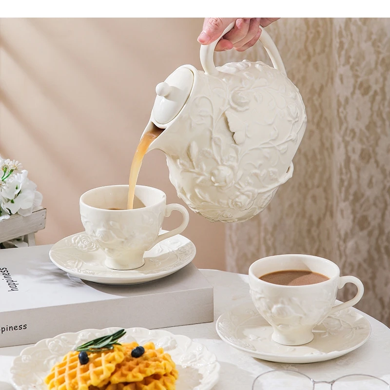 

Vintage Relief Coffee Cup and Saucer Set Afternoon Tea Dim Sum Dish Teapot Home Breakfast Milk Ceramic Mug