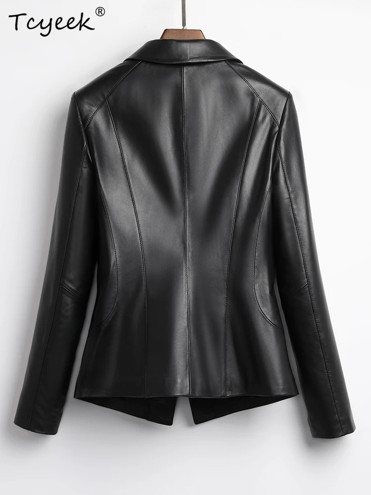 Tcyeek Echt Schaffell Frauen Leder Jacke Frühling Herbst Anzug Kragen Lange Ärmeln Schwarz Kurze Anzug Jacke Chaqueta Cuero Mujer