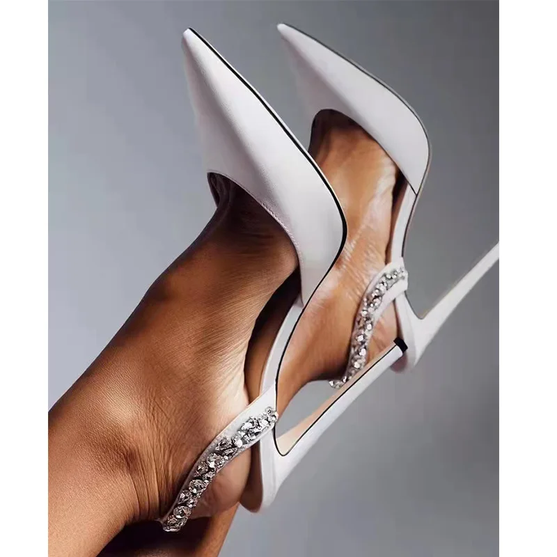 2025 Bling Crystal Ankle Strap Pumps for Women Sexy Pointed Toe Thin Heel Party Shoes Ladies Black White Pu Leather High Heels