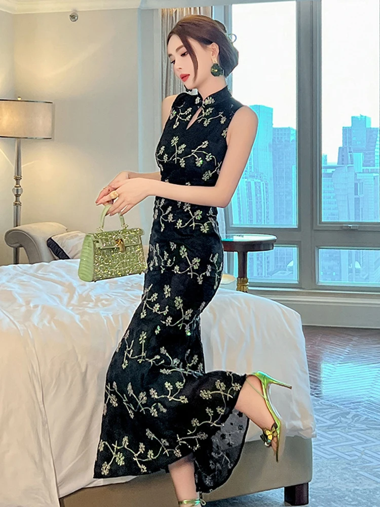 Elegant Vintage Qipao Dress Women Clothes Celebrity Embroidered Sequin Backless Long Fishtail Robe Party Vestidos Cheongsam Lady