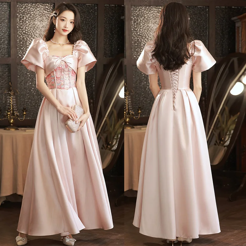 

It's Yiiya Square Collar Short Sleeves Floor-Length Lace Up Pleat A-Line Pink Satin Elegant Formal Dress Dress Woman Party A2805