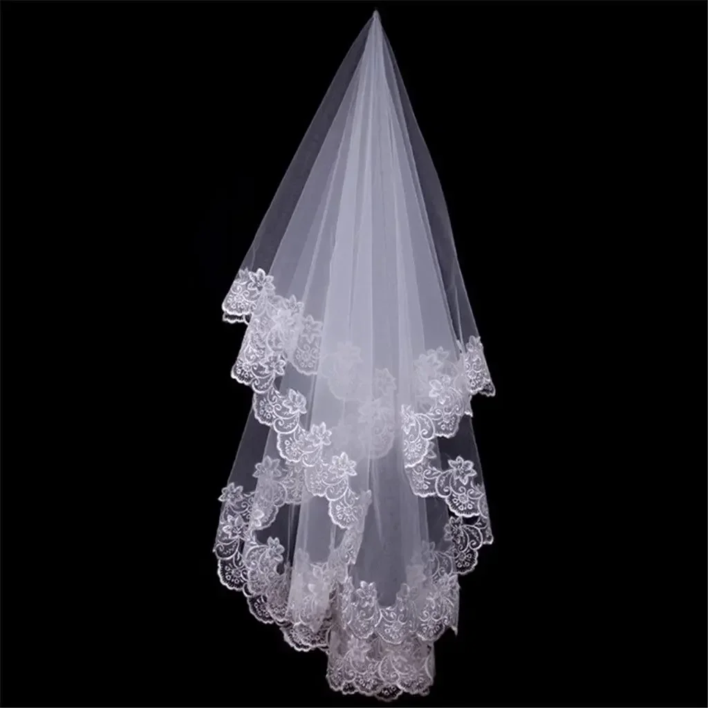 Short Veil for Women White One Layer Lace  Flower  Border  Appliqués Wedding Accessories