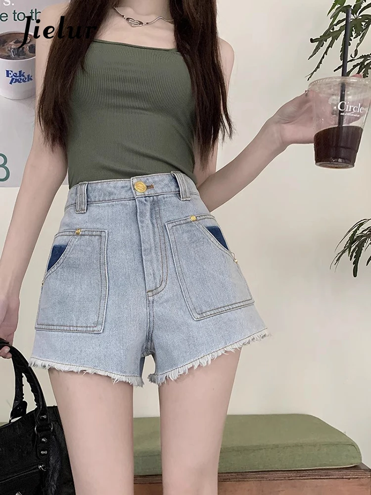 Jielur Summer New High Waist Slim Denim Shorts Woman Chic Loose Contrast Color Women's Shorts Light Blue Fashion Street Shorts