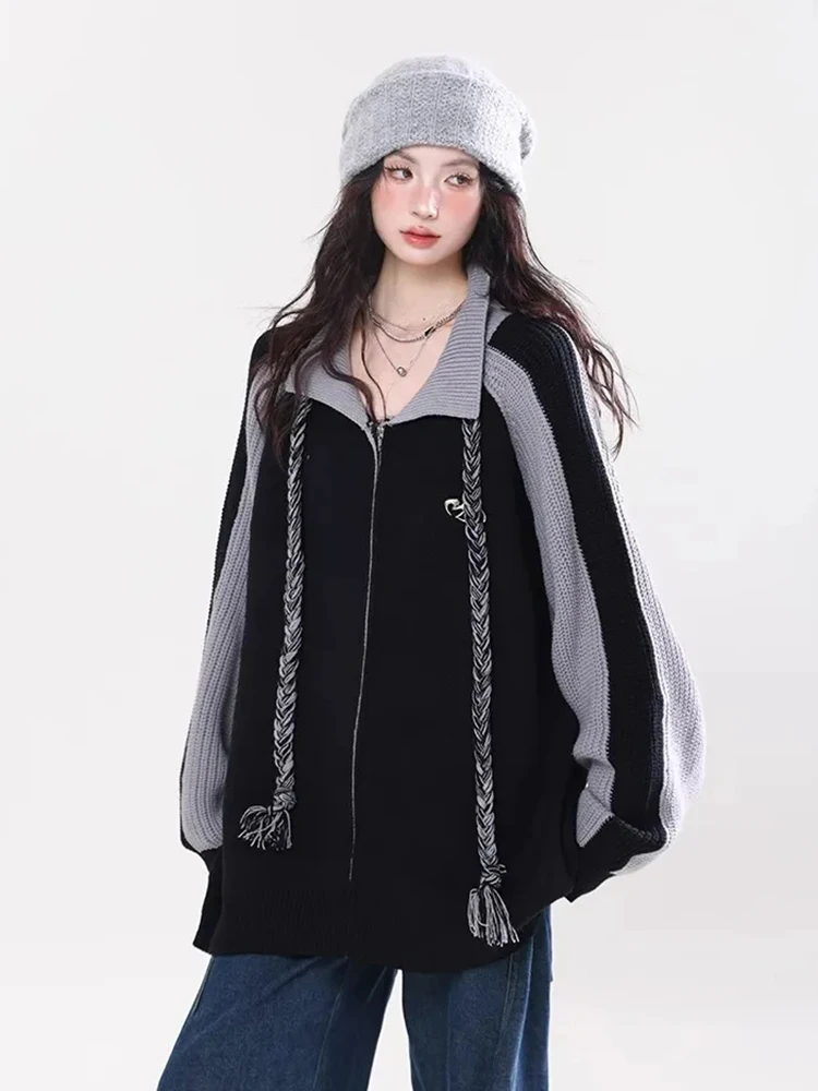 Jmprs Vrouwen Streetwear Y2K Vest Vintage Luie Wind Losse Lange Mouw Gebreide Truien Amerikaanse Harajuku Casual Patchwork Tops