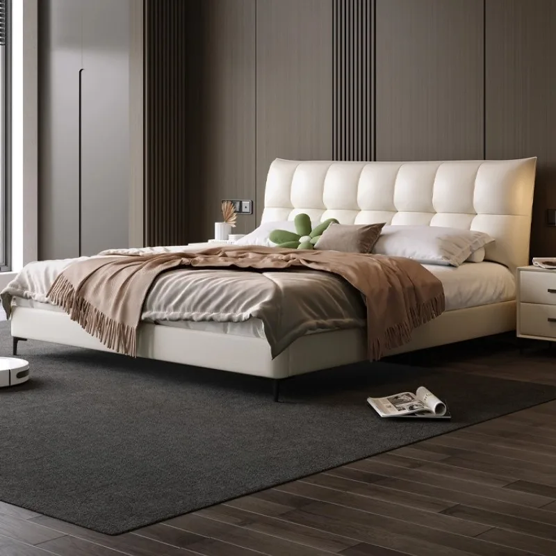 سرير مزدوج أبيض ثقيل مصنوع من الجلد وبسيط وعالي وحديث وإطار سرير مزدوج للتخزين أثاث غرفة نوم كاما الزوجية الفاخرة #1