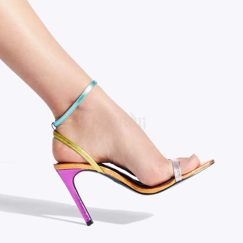 Colorful Striped Stiletto Sandals Women Orange Red Striped with Heels Pointed Open Graffiti Rainbow Pump Casual Dress Jelly Shoe