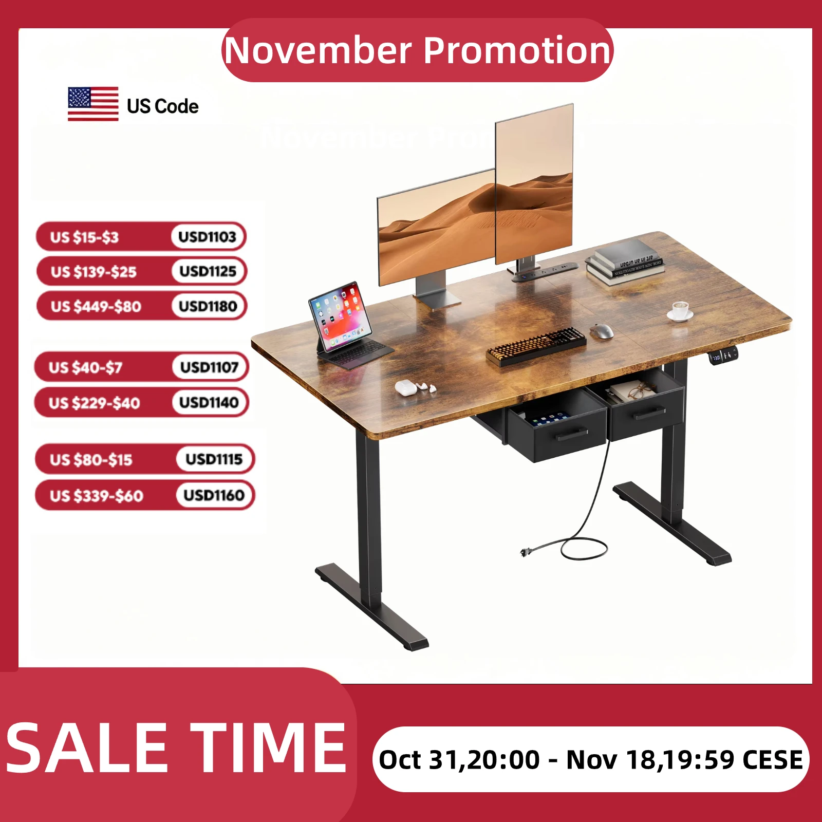 NEBMAAX Electric Standing Desk Height Adjustable Gaming Computer Workstation with Memory 176lbs Load Drawer Charging Station Home Office Table