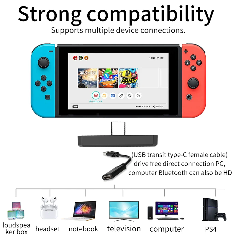 الارسال بلوتوث 5.0 1 إلى 2 سماعات سماعات لاسلكية محول الصوت APT-X LL/HD USB نوع-C لنينتندو PS4 TV PC دفتر
