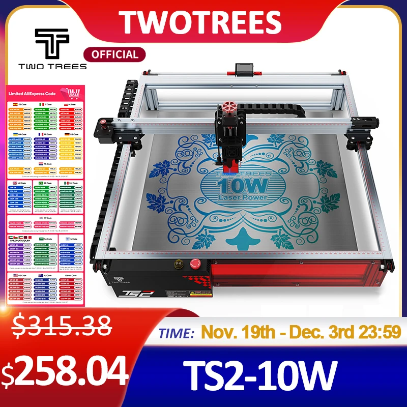 Twotrees TS2-10W Laser Engraver Machine 80W 450x450mm Compressed Spot Technology LaserGRBL LightBurn Wifi Horizontal Gyroscope