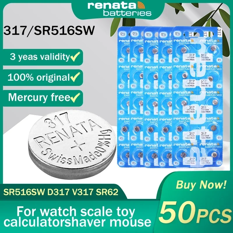 50PCS Original Renata 317 SR516SW V317 SR62 D317 1.55V Silver Oxide Watch Battery For Scale Watch Swiss Made Button Coin Cells