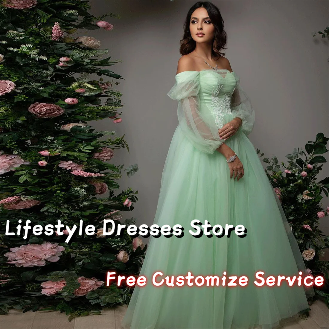 

Off Shoulder Tulle Puff Long Sleeve Prom Dresses Applique Beads Evening Dresses Party Gown vestidos para eventos especiales