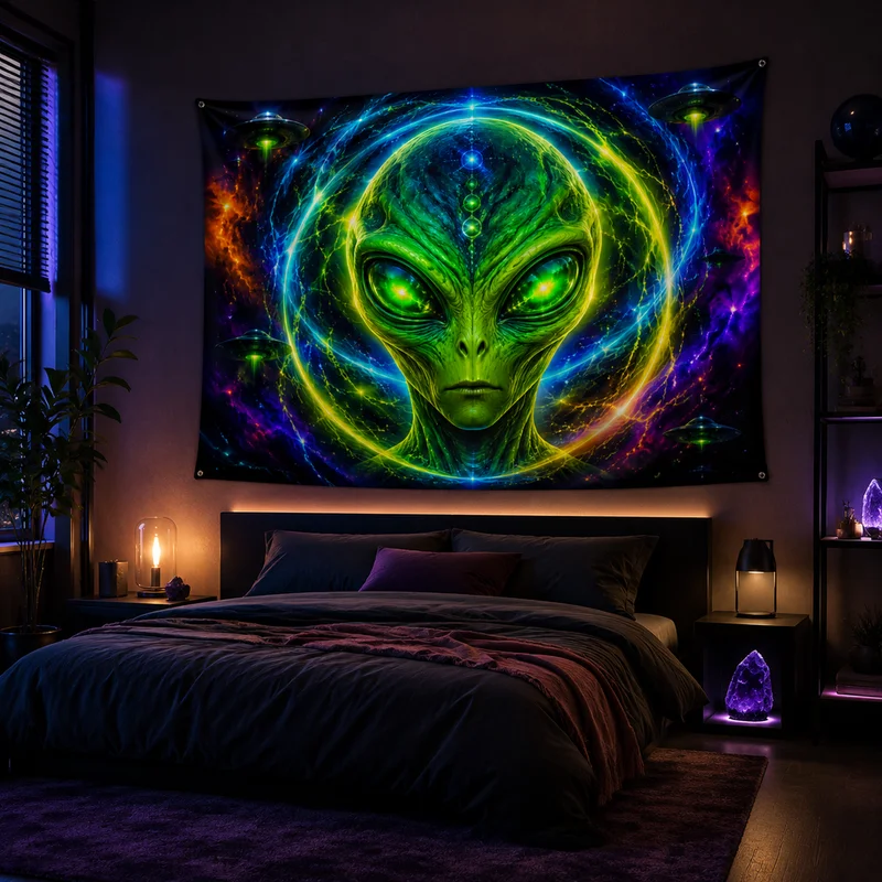 VIKAMA Psychedelic Alien Tapestry, Neon UFO Nebula Sci-Fi Wall Hanging, Home Decor for Men's Bedrooms and Gaming Rooms