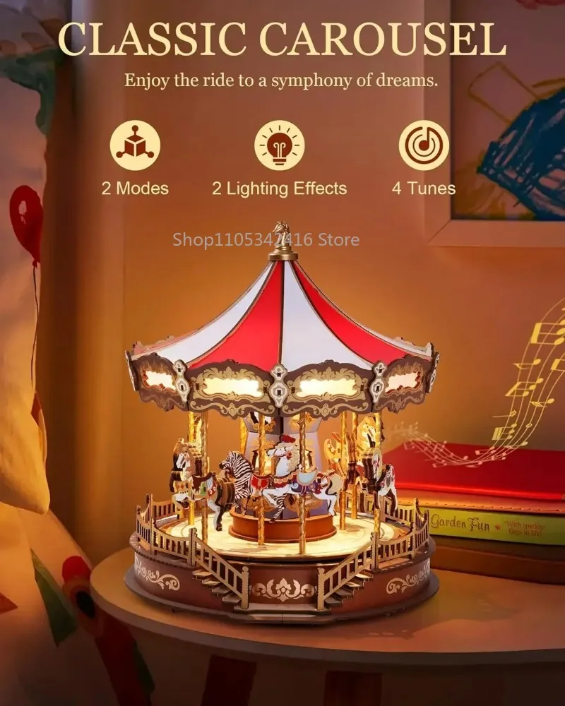3D Wooden Carousel Music Box Puzzle with LED Lights, Gear Model Building Craft Kit, Christmas Gift for Adults