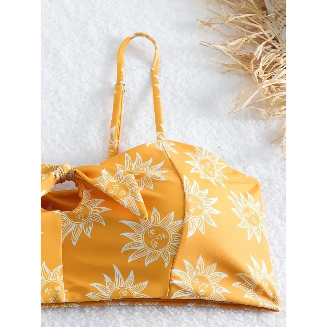 Sexy solide jaune Bikini 2024 Mujer coupe haute fleur maillot de bain pour femme plage séparée maillot de bain taille haute maillots de bain Biquini nouveau