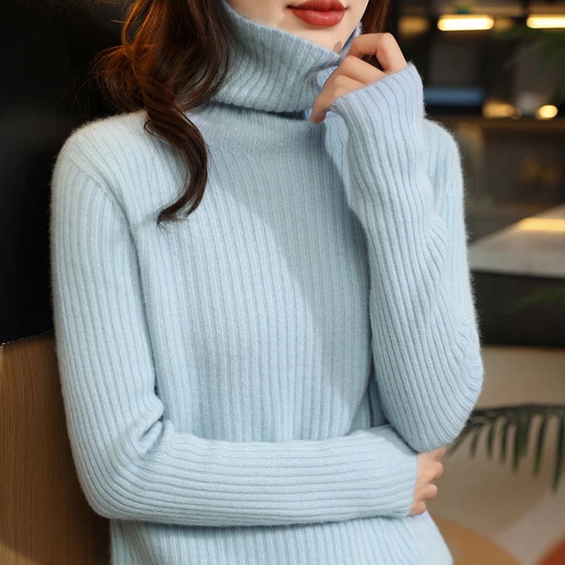 Thick Cashmere Turtleneck Pullover Women's 100% Merino Wool Sweater Korean Striped Women's Autumn Winter Long Sleeve Knit Jacket