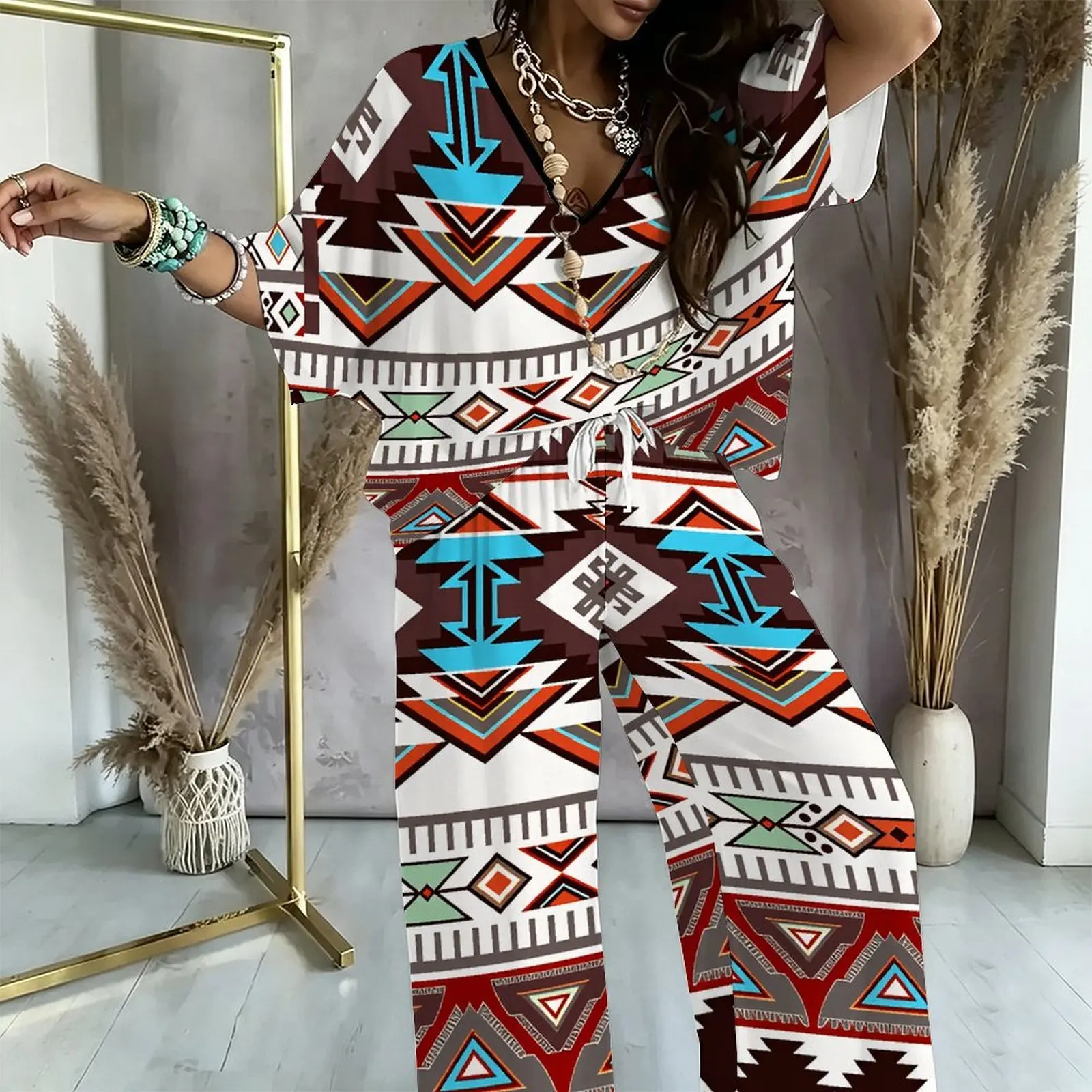 Casual Sportswear Fashion Jogger Pants Women's Sexy Top V-Neck Mid-Sleeve T-Shirt Loose Trousers Autumn Print Two-piece Suit