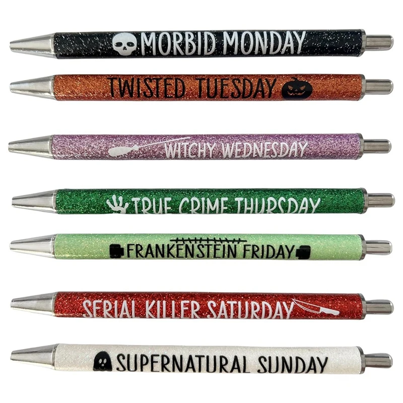 NEW-7Pcs Weekday Pens Glitter Pen With Funny Sayings Vibrant Passive Fancy Ballpoint Pens Cute Gifts