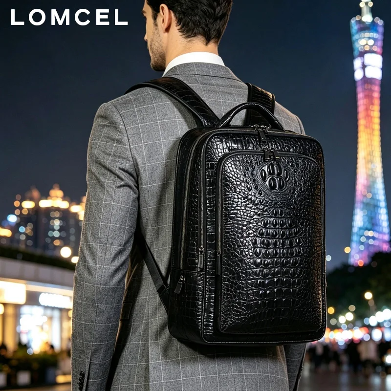 LOMCEL 43 Leather crocodile pattern men's double shoulder bag, top layer of cowhide, business travel backpack, simple elegant