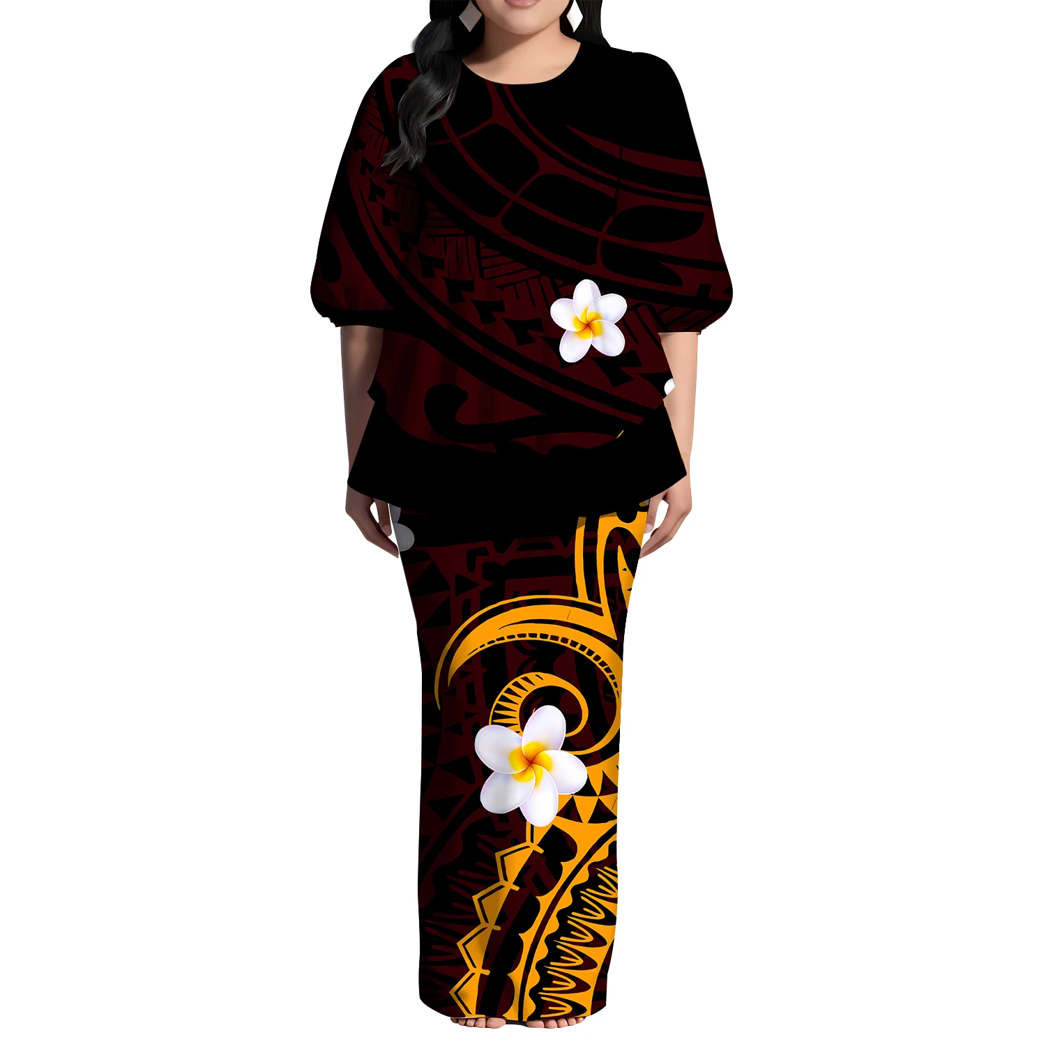 

New Polynesian Women Puletasi Custom-Patterned Autumn Two-Piece Set Featuring Round-Neck Fishtail Design Tops And Slit Skirts