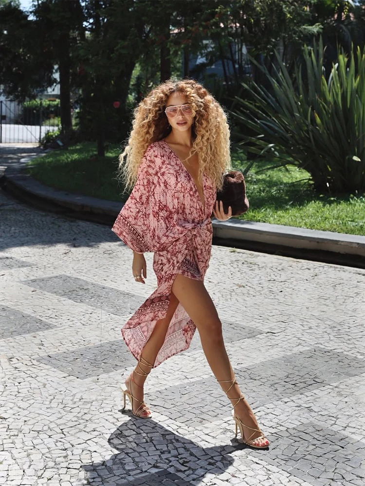 

Floral Print Long Dress Women's Sexy Deep V-neck Pink Batwing Sleeves Pleated Lace Up Loose Dresses Lady Daily Holiday Gown New