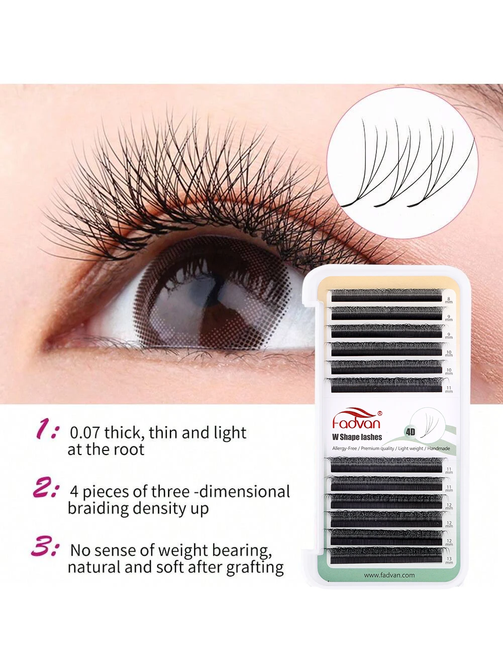 Fadvan 4D W lashes Black/Brown 4D Premade W Fan Lash Extensions 0.07 C/D Natural Soft Volume W Style Eyelashes