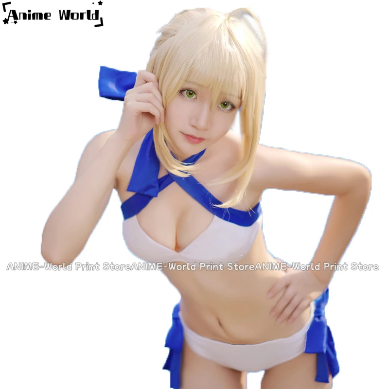 

《Custom Size》Anime Saber Cosplay Fate Grand Order School Swimsuit Summer Swimming Sexy Costume White Blue Swimwear 11