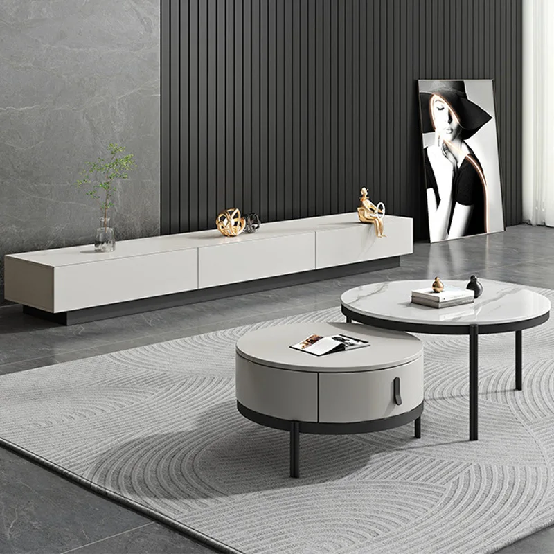 طاولة القهوة الفاخرة الاسكندنافية وحامل التلفزيون مجموعة الحديثة الحد الأدنى قابل للسحب لوحة الصخور المستديرة - أثاث غرفة المعيشة المصممة FYCT