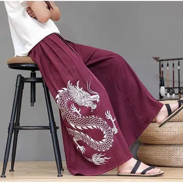 

New mens Chinese clothes Style Loose Dragon Pattern Casual Pants Summer Hanfu Ancient Silk wushu clothing wild legs pant