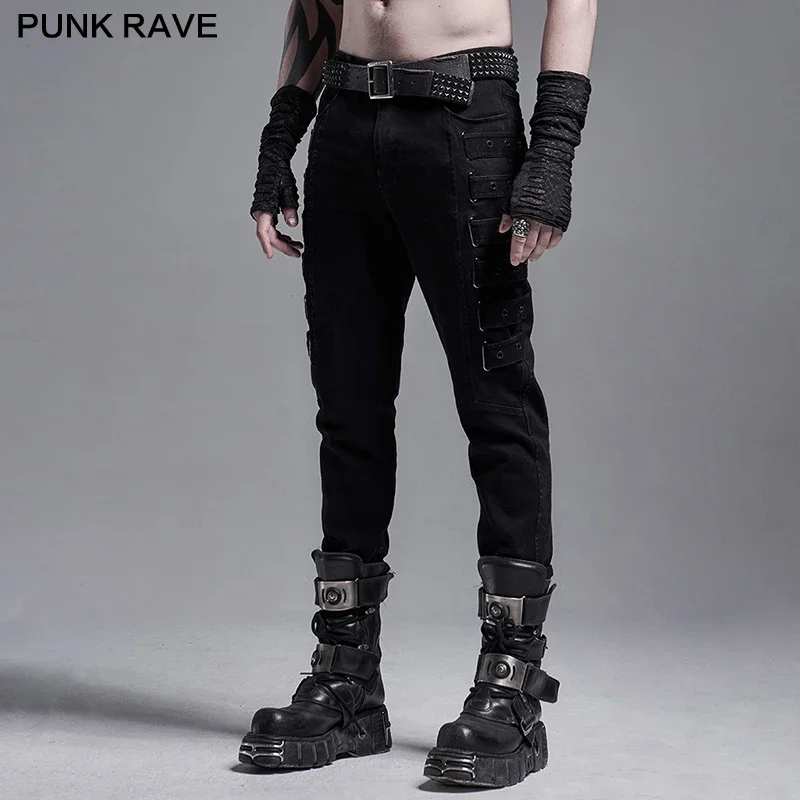 PUNK RAVE Men's Punk Daily Woven Elastic Trousers Streetwear Novelty Handsome Casual Long Pants Men Clothing