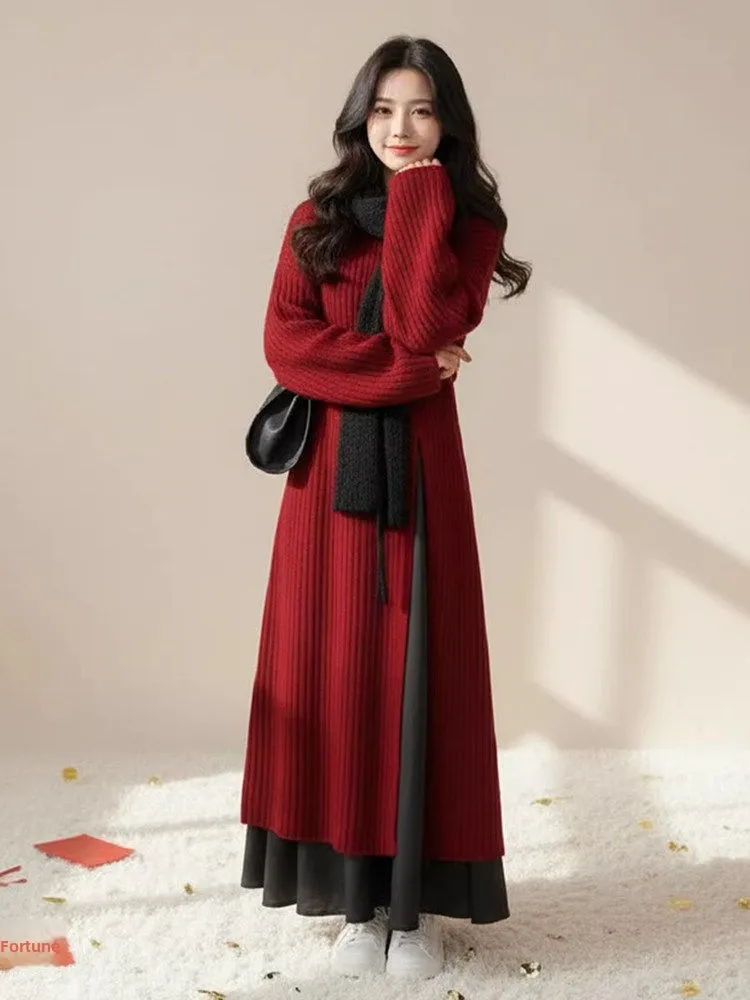 새해 레드 니트 스웨터와 캐주얼 팬츠 투피스 세트 여성 패션 앙상블 나이 감소 슬림핏 가을 겨울 의류