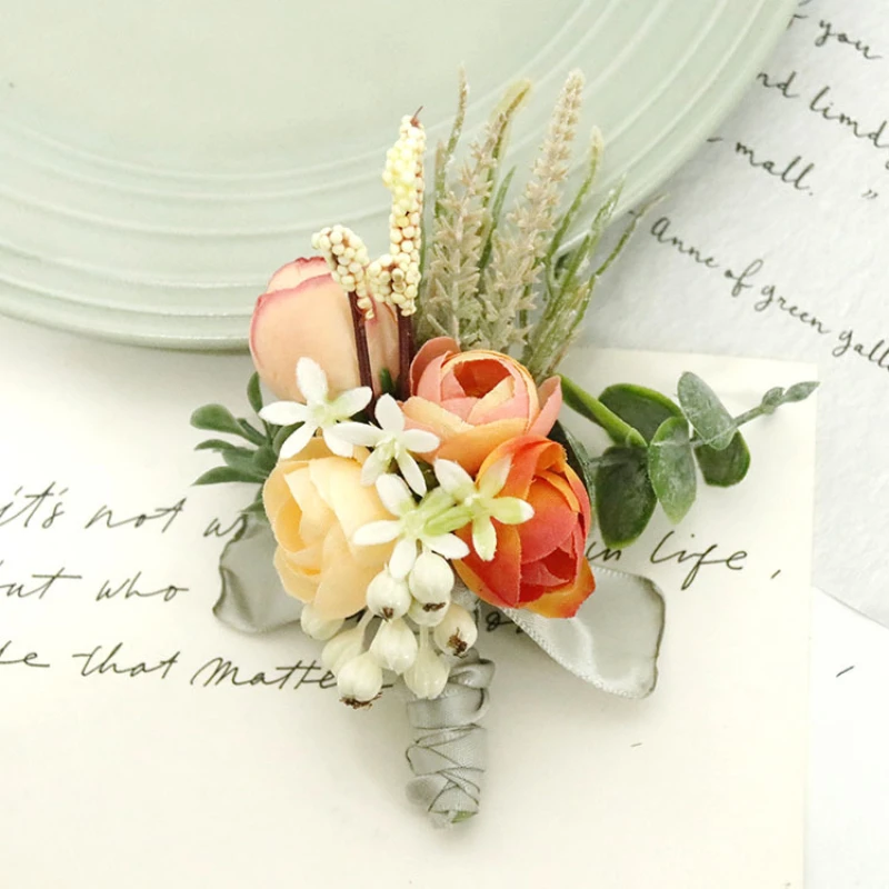 Màu Hồng Cam Cưới Corsages Chú Rể Boutonniere Hồng Lụa Người Thổ Cẩm Cưới Phù Dâu Cổ Tay Áo Khoác Nữ Họa Tiết Vòng Tay Hoa