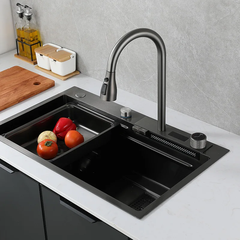 

304 Stainless Steel Digital Display Waterfall Kitchen Sink Topmount Large Single Slot Dish Wash Basin with Multifunction Touch