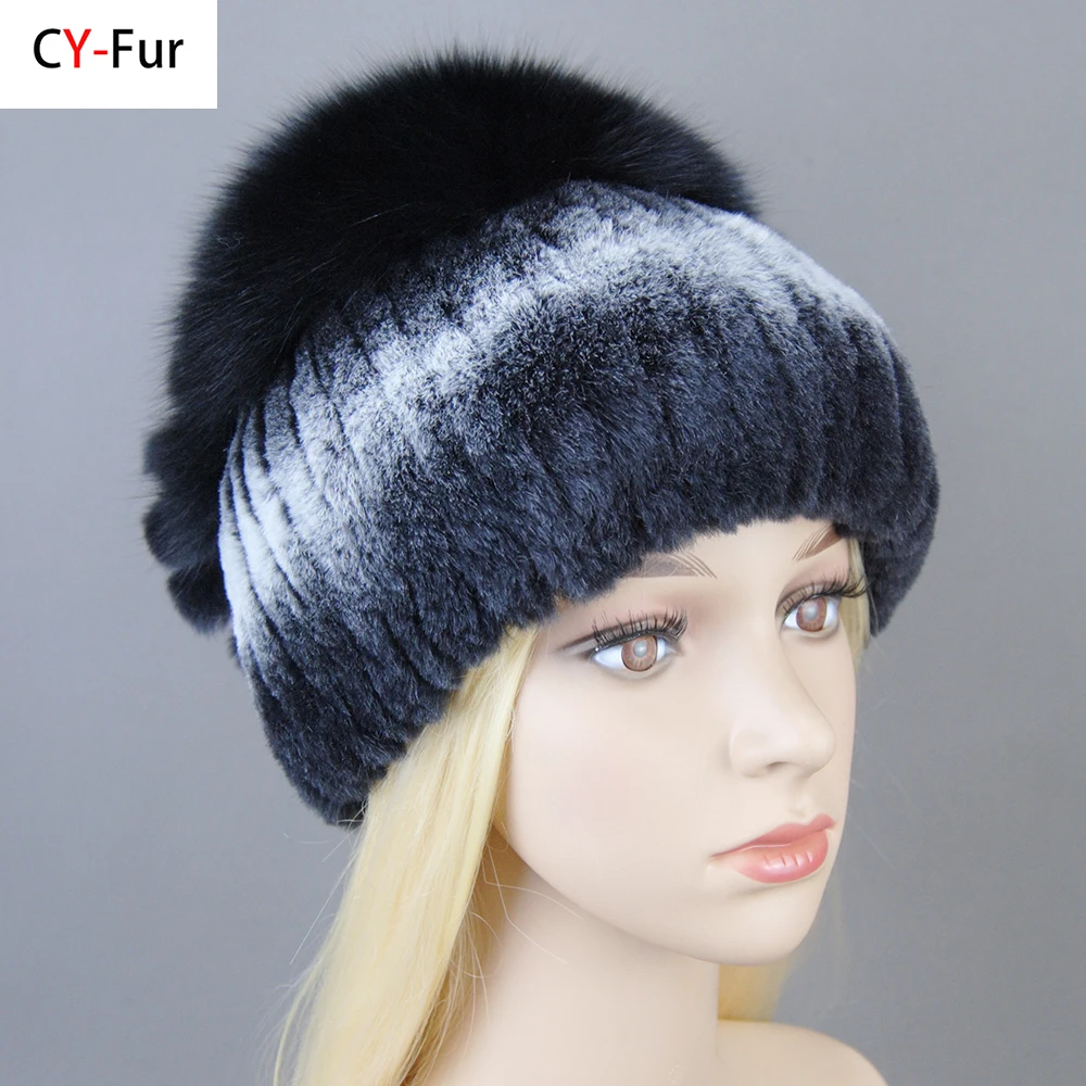 Real Rex Rabbit Fur Hats Winter Fur Hat Women with Silver Fox Fur Butterfly Knitted High-quality Women Fur Cap New Beanies Cap