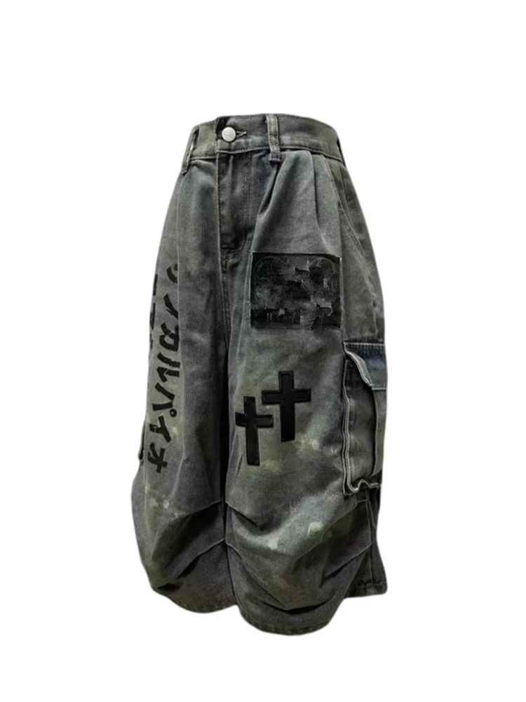 2025 Sommer Damen Goblin Core Cross Denim Jorts Shorts Y2k Wadenlange Jeanshose Trashy Y2K Abi Japanischer Cyber Punk Grunge Unis