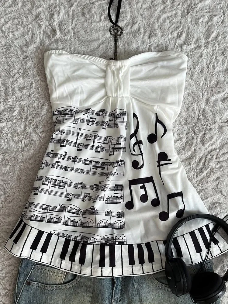 Summer Music Note Piano Key Print Halter Tops Women Y2K Sweet Gothic Sleeveless Bow Front Ruffle Hem Camisole Fashion Streetwear