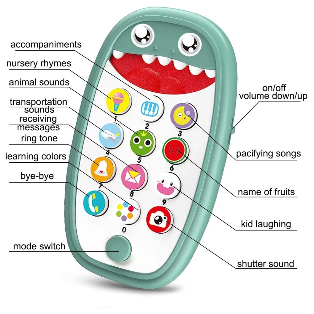 Игрушка-телефон с динозавром для младенцев со съемным мягким чехлом для прорезывания зубов, подсветкой, музыкальным регулируемым объемом для малышей 18+ месяцев (A)