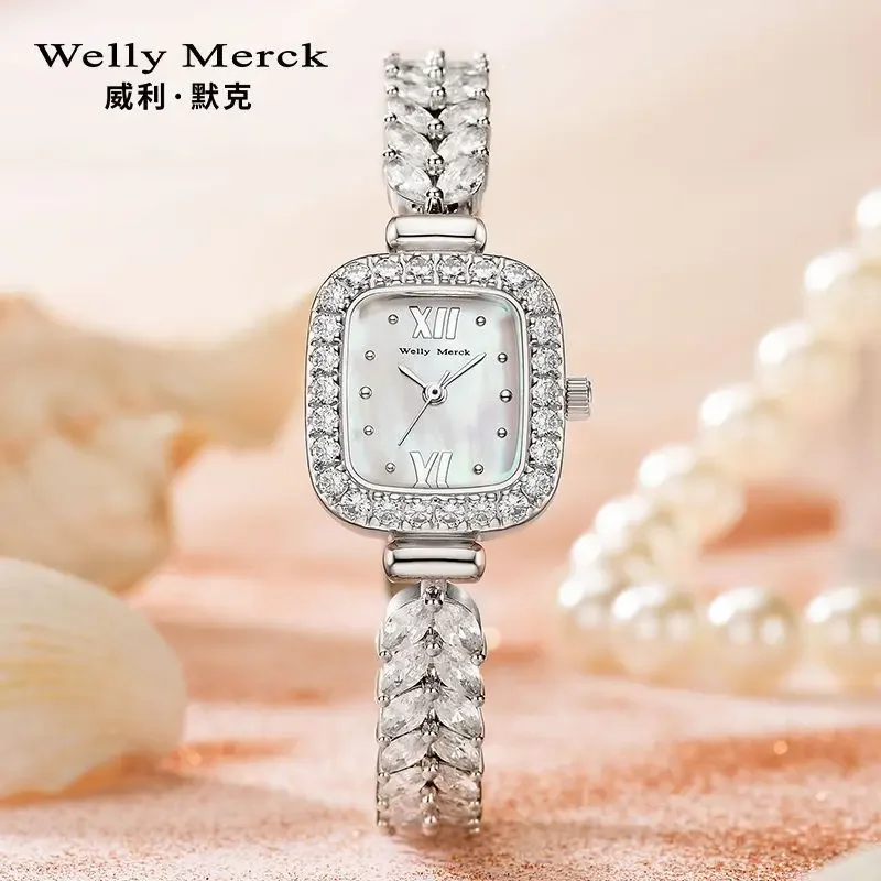 Genuine Welly Merck Girls Small Square Watch Full of Diamond Quartz Women's Watches with Gifts Box