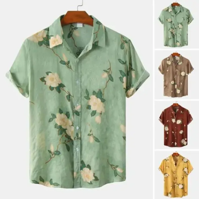 

Mens Summer Thin Print Short Sleeve Shirt Daily Casual Versatile Top Chic Floral Leaves Street Vacation Style