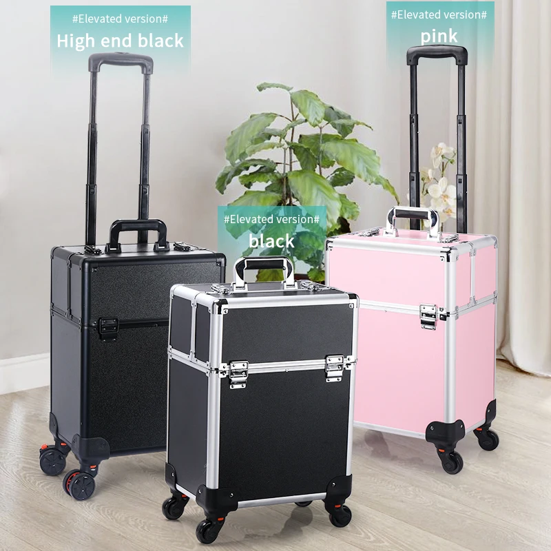 Aluminum Rolling Makeup Train Case, Portable Makeup Organizer Suitcase, Cosmetic Storage Box, Travel Beauty Luggage Trolley Lock