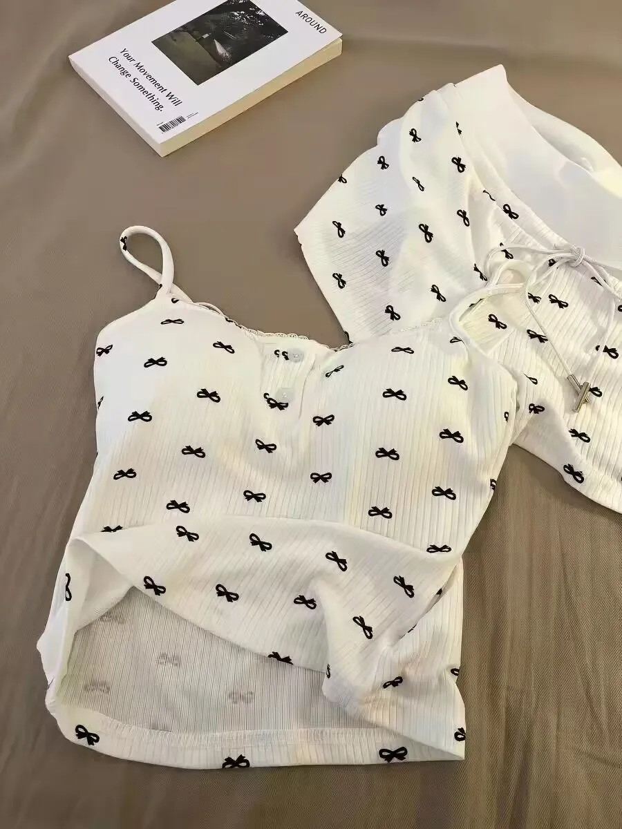 Summer Sleepwear Women's Pure Desire Sexy  Knot Print Strap Vest Small Fragrance Style Home Clothes Set Short Sleeve...