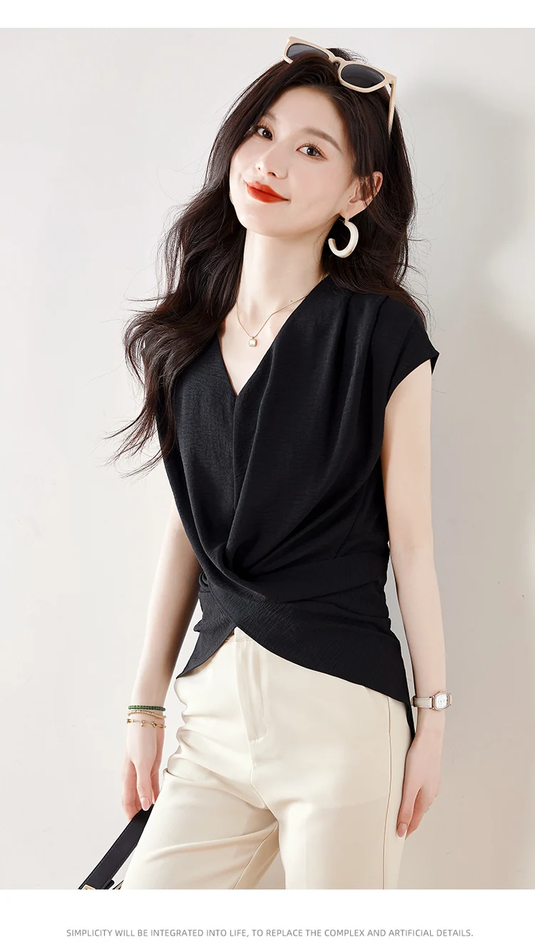 Summer Women's Chiffon Short Sleeve Shirt Cross V Neck Slim Fit Sexy Tops