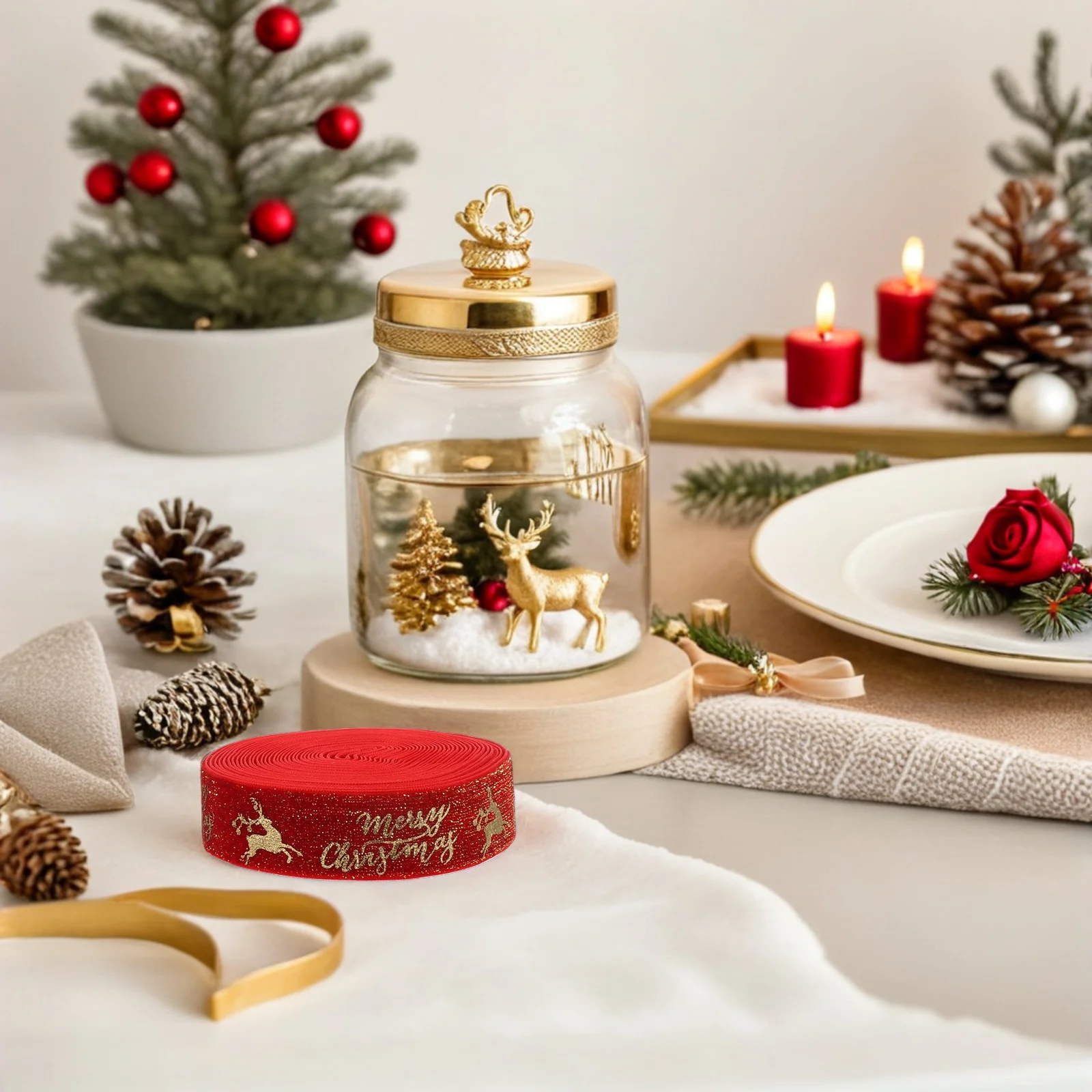 

2Pcs Gold Foil Flocked Ribbon Wired Edge Ribbon for Christmas Gift Wrapping DIY Bow Making and Holiday Garland Decoration