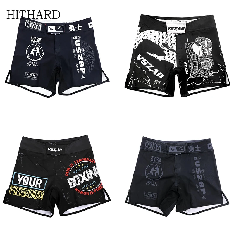 VSZAP MMA Shorts for Men Fight Grappling Shorts Mens BJJ Shorts for Men No Gi Mid Thigh Muay Thai Boxing Kickboxing Pants Black