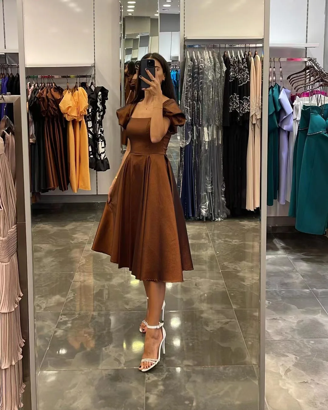 

A Line Homecoming Dresses Square Neck Short Sleeves Prom Dress Zipper Back Ruched Tea Length Cocktail Party Bride Wear