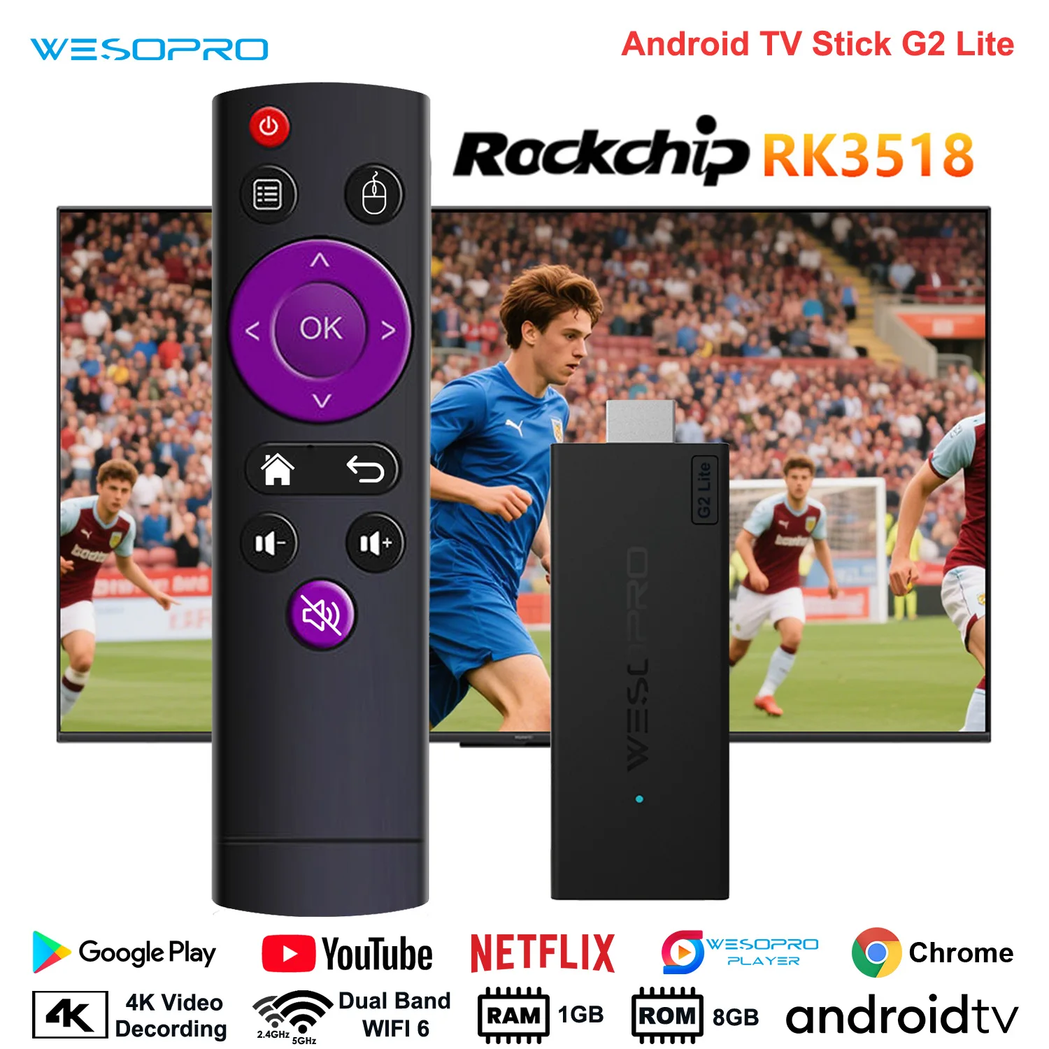

WESOPRO Android 14 TV Stick G2 Lite Smart IPTV Медиаплеер 1 ГБ ОЗУ 8 ГБ ПЗУ Двухдиапазонный 2,4 ГГц/5,0 ГГц Wi-Fi6 4K 30fps Fire Mi Stick