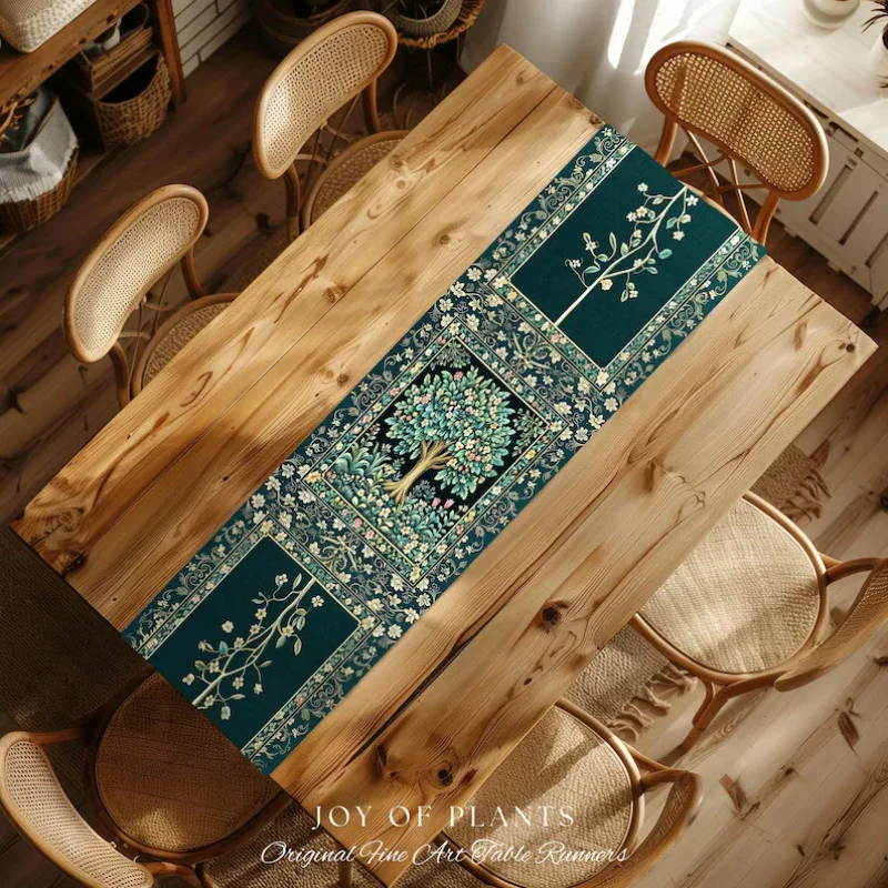 Folklore Forest Story Vintage Desk Runner with Enchanting Floral Motifs Warm Family Heritage Tree Design for Country Romance