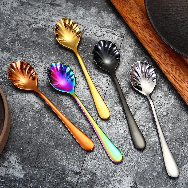 Creative Mini Milk Coffee Spoon Stainless Steel Shell Tiny Spoon Cake Ice Cream Candy Teaspoon Kitchen Accessories Honey Dipper