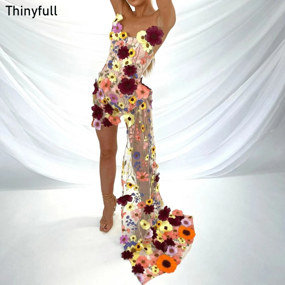 Thinyfull 3D Flowers Mermaid Short Prom Gown Sleeveless Strapless Evening Party Dress Formal Occasion Cocktail Dress Customized