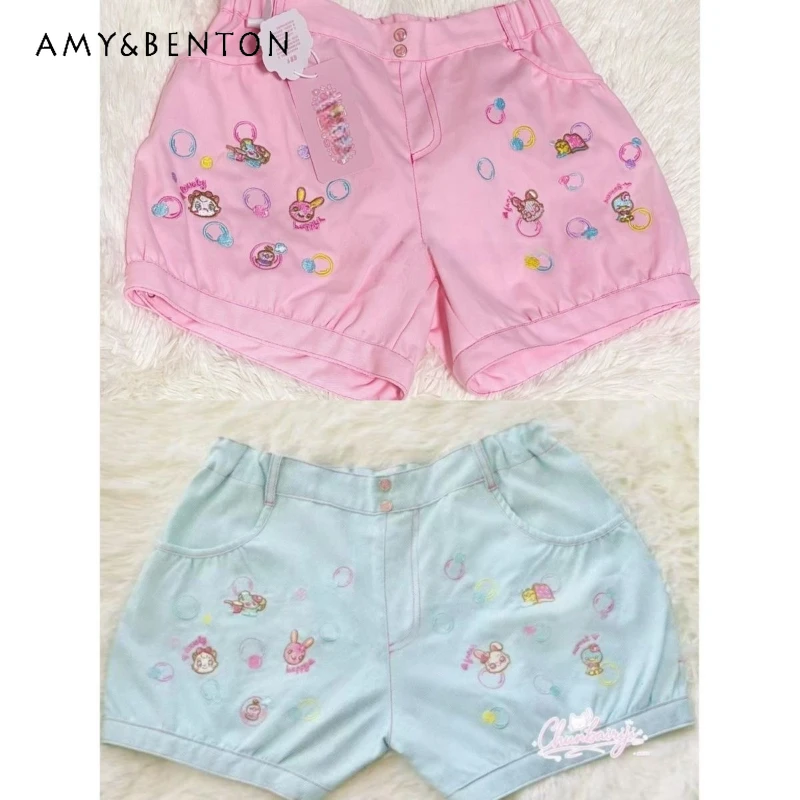 

Japanese Pink Childlike Cute Embroidered Women's Pants Summer Blue Love Sweet Lace Elastic Versatile Age-reducing Shorts Ladies