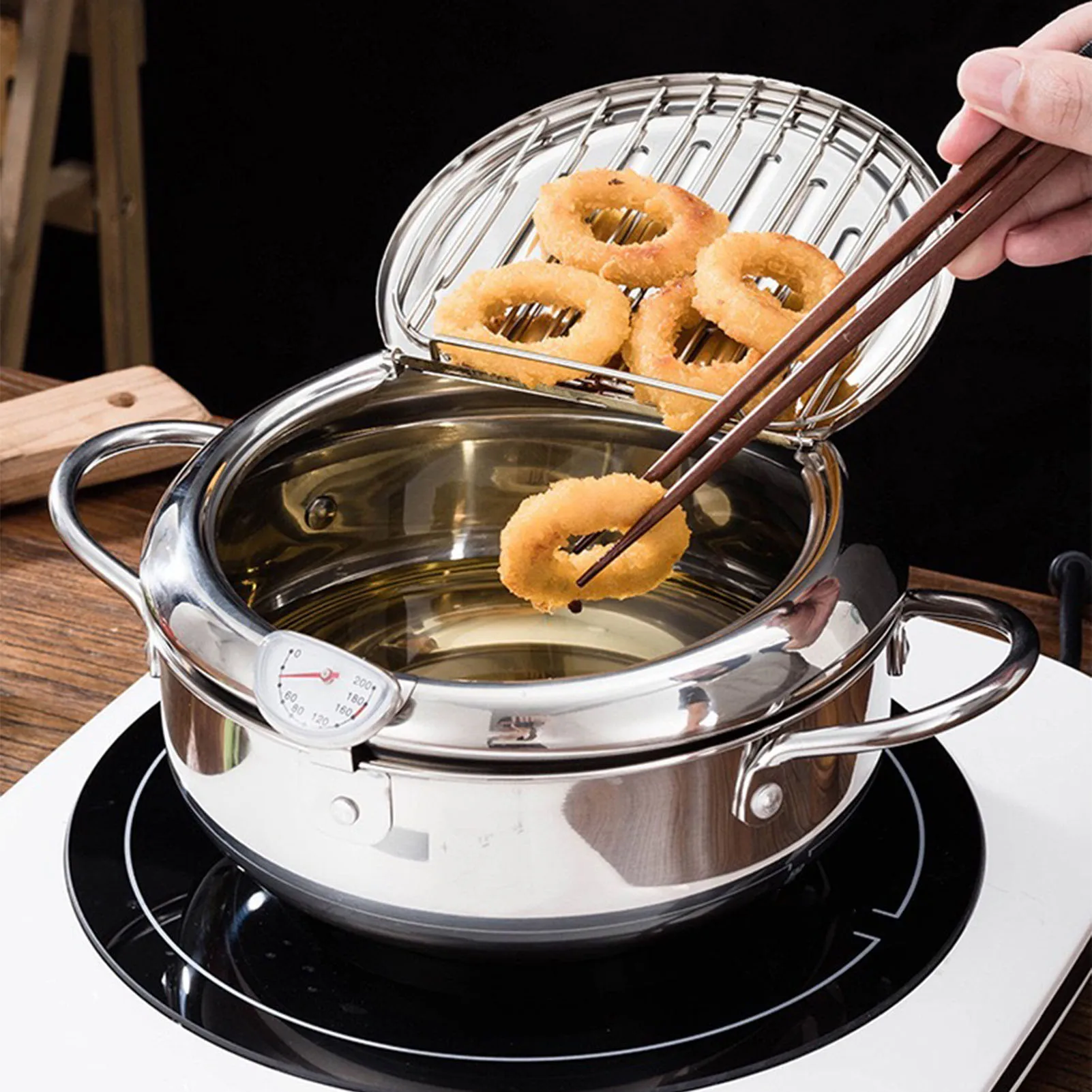 

Кастрюля Tempura, экономия масла, многофункциональная утолщенная фритюрница с контролем температуры с крышкой и подставкой для слива для кухни